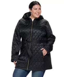 Nine West Sales 11 Plus Size Nine West Hooded Diamond-Quilted Belted Jacket
