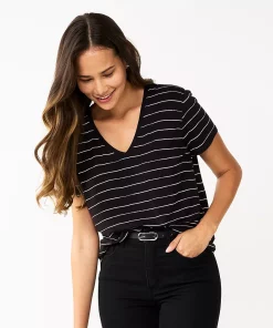 Women's Nine West Essential V-Neck Tee -Nine West Sales 4841148 Black White Stripe