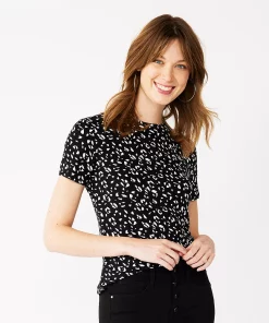 Women's Nine West Essential Crewneck Tee -Nine West Sales 4911743 Black White Leopard