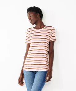 Women's Nine West Essential Crewneck Tee -Nine West Sales 4911743 Pink Multi Stripe
