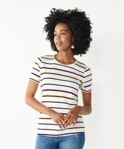 Women's Nine West Essential Crewneck Tee -Nine West Sales 4911743 White Multi Stripe