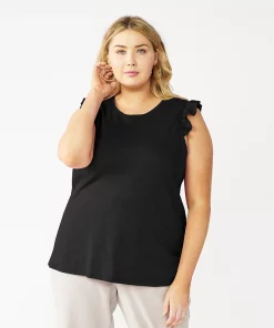 Plus Size Nine West Ruffle Shoulder Tank -Nine West Sales 5245346 Mineral Black