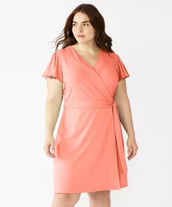 Plus Size Nine West Flutter Sleeve Wrap Dress -Nine West Sales 5262327 Cruz Coral