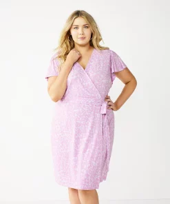 Plus Size Nine West Flutter Sleeve Wrap Dress -Nine West Sales 5262327 Fade Leopard