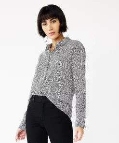 Women's Nine West Drapey Button Down Shirt -Nine West Sales 5271741 Black Mini Hearts