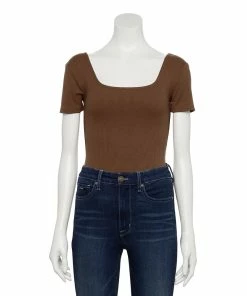 Women's Nine West Rib Short Sleeve Squareneck Bodysuit -Nine West Sales 5290693 Abe Brown