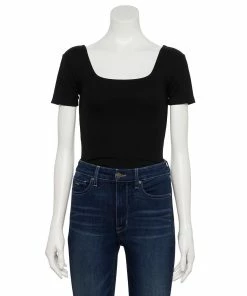 Women's Nine West Rib Short Sleeve Squareneck Bodysuit -Nine West Sales 5290693 Black