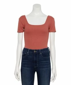Women's Nine West Rib Short Sleeve Squareneck Bodysuit -Nine West Sales 5290693 Mauve Jewel