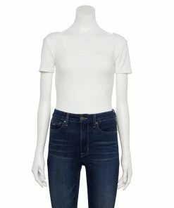 Women's Nine West Rib Short Sleeve Squareneck Bodysuit -Nine West Sales 5290693 White