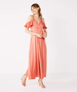 Women's Nine West Flounce Cold-Shoulder Maxi Dress -Nine West Sales 5525423 Cruz Coral