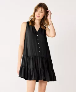 Women's Nine West Button-Front Tiered Drop-Waist Dress -Nine West Sales 5531674 Mineral Black