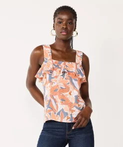 Women's Nine West Squareneck Ruffle Tank -Nine West Sales 5532424 Brown Palms