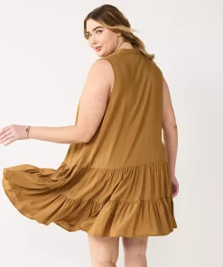 Plus Size Nine West Sleeveless Button-Front Tiered Drop Waist Dress -Nine West Sales 5541789 ALT