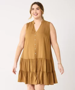 Plus Size Nine West Sleeveless Button-Front Tiered Drop Waist Dress -Nine West Sales 5541789 Alderwood