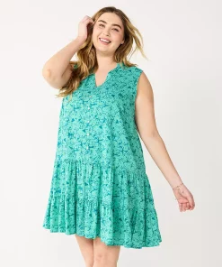 Plus Size Nine West Sleeveless Button-Front Tiered Drop Waist Dress -Nine West Sales 5541789 Broken Leaves