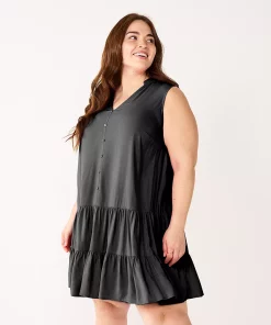 Plus Size Nine West Sleeveless Button-Front Tiered Drop Waist Dress -Nine West Sales 5541789 Mineral Black