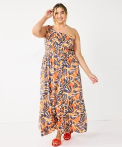 Plus Size Nine West One-Shoulder Smocked Maxi Dress