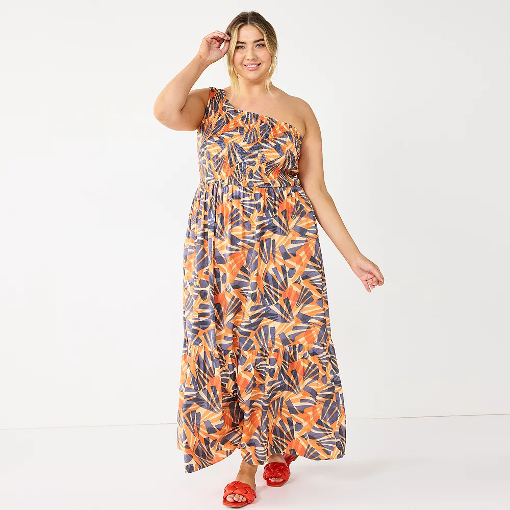Plus Size Nine West One-Shoulder Smocked Maxi Dress 3 Plus Size Nine West One-Shoulder Smocked Maxi Dress