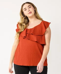 Plus Size Nine West Sleeveless Ruffle Detail Top -Nine West Sales 5570041 Dogwood Leaf