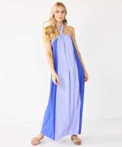 Petite Nine West Halter Neck Colorblock Maxi Dress