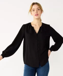 Women's Nine West Button Front Balloon Sleeve Tunic -Nine West Sales 5581079 Black