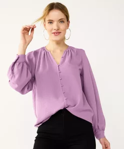 Women's Nine West Button Front Balloon Sleeve Tunic -Nine West Sales 5581079 Lupine Lilac