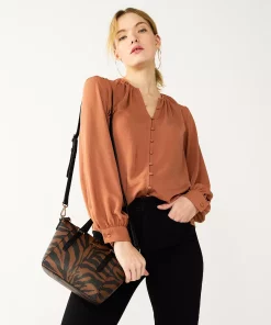 Women's Nine West Button Front Balloon Sleeve Tunic -Nine West Sales 5581079 Mocha Frosting