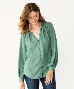 Women's Nine West Button Front Balloon Sleeve Tunic -Nine West Sales 5581079 Signature Green