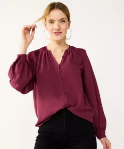 Women's Nine West Button Front Balloon Sleeve Tunic -Nine West Sales 5581079 Vintage Red