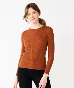 Women's Nine West Long Sleeve Rib Crewneck Sweater -Nine West Sales 5582535 Baked Nutmeg