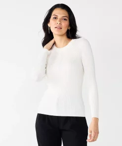 Women's Nine West Long Sleeve Rib Crewneck Sweater -Nine West Sales 5582535 Daisy Dew