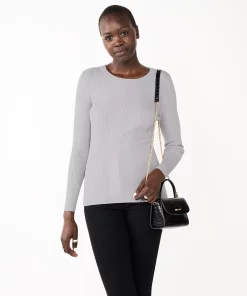 Women's Nine West Long Sleeve Rib Crewneck Sweater -Nine West Sales 5582535 Gray Silver Lurex