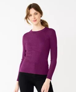 Women's Nine West Long Sleeve Rib Crewneck Sweater -Nine West Sales 5582535 Pansy Plum Lurex