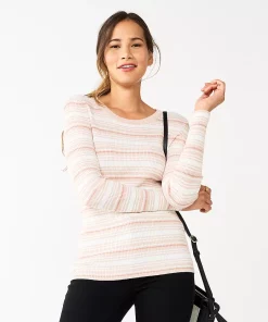 Women's Nine West Long Sleeve Rib Crewneck Sweater -Nine West Sales 5582535 Tan Stripe Lurex