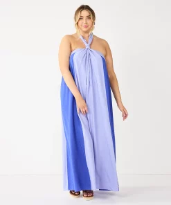 Plus Size Nine West Halter Neck Colorblock Maxi Dress