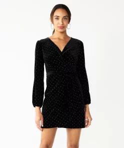 Women's Nine West Long Sleeve Velvet Wrap Dress