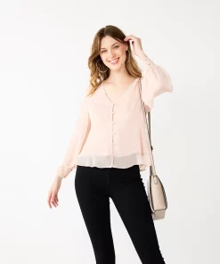 Women's Nine West Long Sleeve V-Neck Button Front Blouse