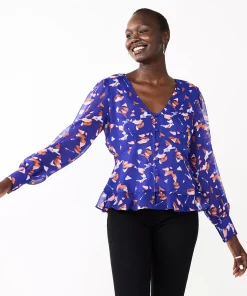 Petite Nine West Long Sleeve Button-Front V-Neck Blouse