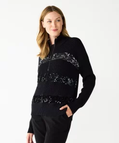 Women's Nine West Quarter Zip Sequin Stripe Pullover Sweater -Nine West Sales 5713489 Black