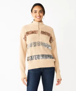 Women's Nine West Quarter Zip Sequin Stripe Pullover Sweater -Nine West Sales 5713489 Camel