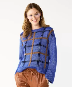 Women's Nine West Patterned Crewneck Sweater -Nine West Sales 5731865 Blue Plaid