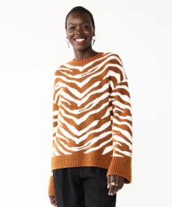 Women's Nine West Patterned Crewneck Sweater -Nine West Sales 5731865 Brown Zebra Stripe