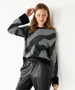 Women's Nine West Patterned Crewneck Sweater -Nine West Sales 5731865 Mineral Black Combo