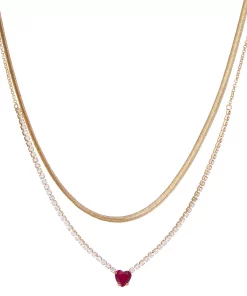 Nine West Gold Tone Red & Clear Crystal Heart Double-Strand Necklace