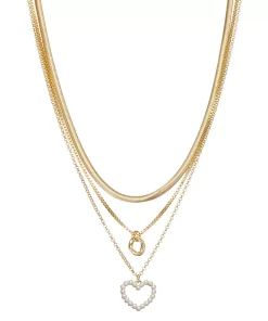 Nine West Gold Tone 3 Row Heart Necklace
