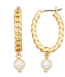 Nine West Gold Tone Simulated Pearl Link Chain Hoop Earrings