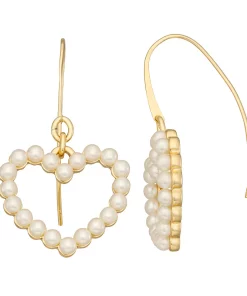 Nine West Gold Tone Simulated Pearl Heart Threader Earrings