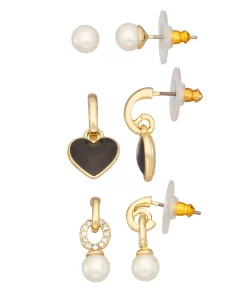 Nine West Gold Tone Simulated Pearl & Heart Drop Earrings Trio Set