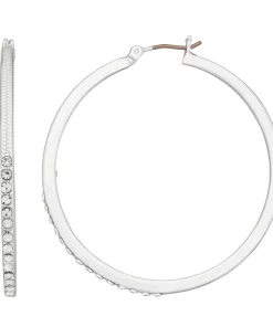 Nine West Silver Tone Pave Click It Hoop Earrings
