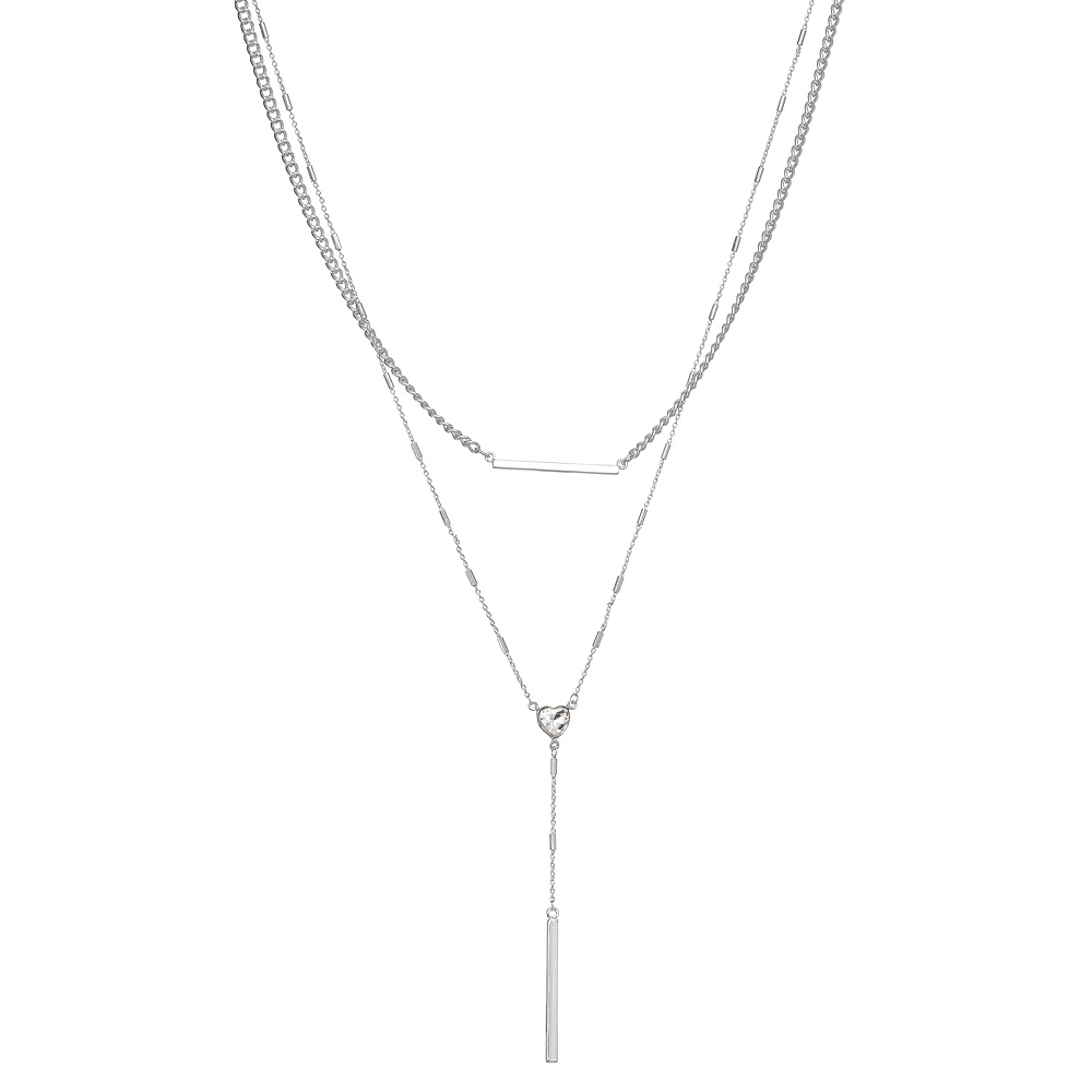 Nine West Silver Tone Double Row Heart Y Necklace 3 Nine West Silver Tone Double Row Heart Y Necklace